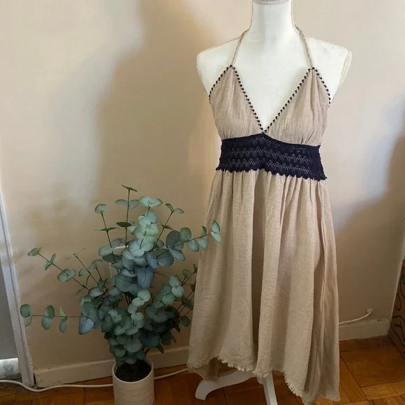 Moon River | Dresses | New Moon River Linen Dress Tan Black Halter Tie Neck  Medium Short Summer Boho | Poshmark